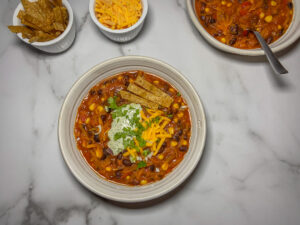 Top down picture of a bowl of chili