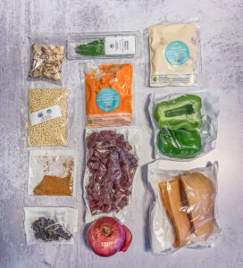 Top down view of ingredient bags on a counter