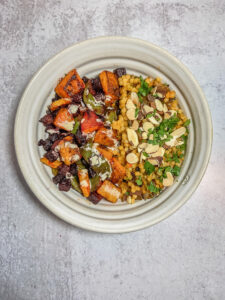 Top down bowl of couscous and veggies