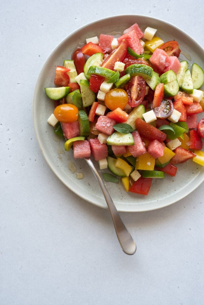 Top down view of single plate full of veggies