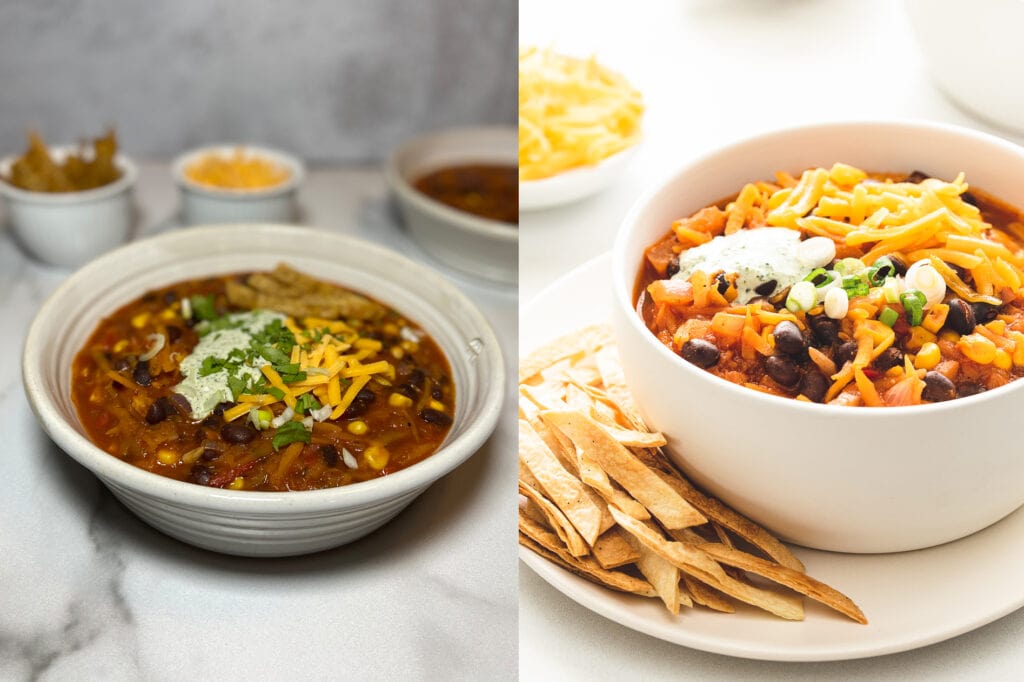Two side by side photos of bowls of chili