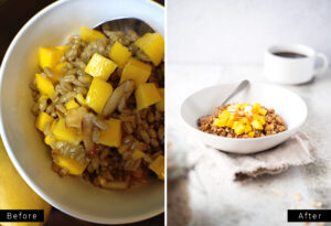 Two photos side by side of mango barley breakfast