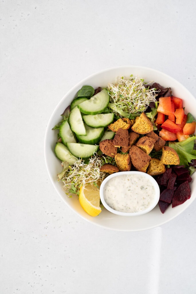 Top down view of falafel salad