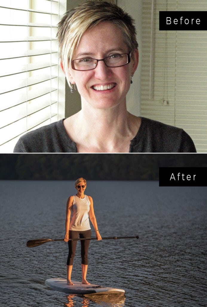 Top and bottom pics of a woman, a headshot and a picture on a paddle board