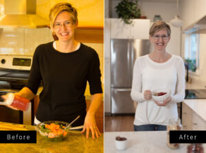 Two side by side shots of woman in kitchen