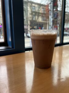 Cup of chocolate drink on a counter