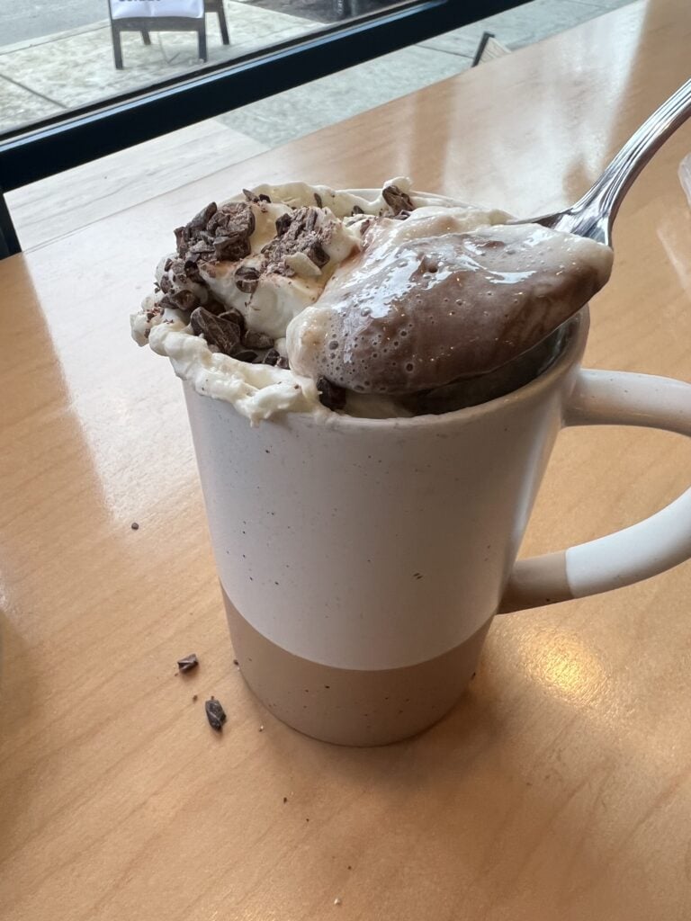 Cup of hot chocolate and whipped cream with a spoon