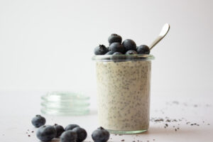 One jar chia pudding topped with blueberries