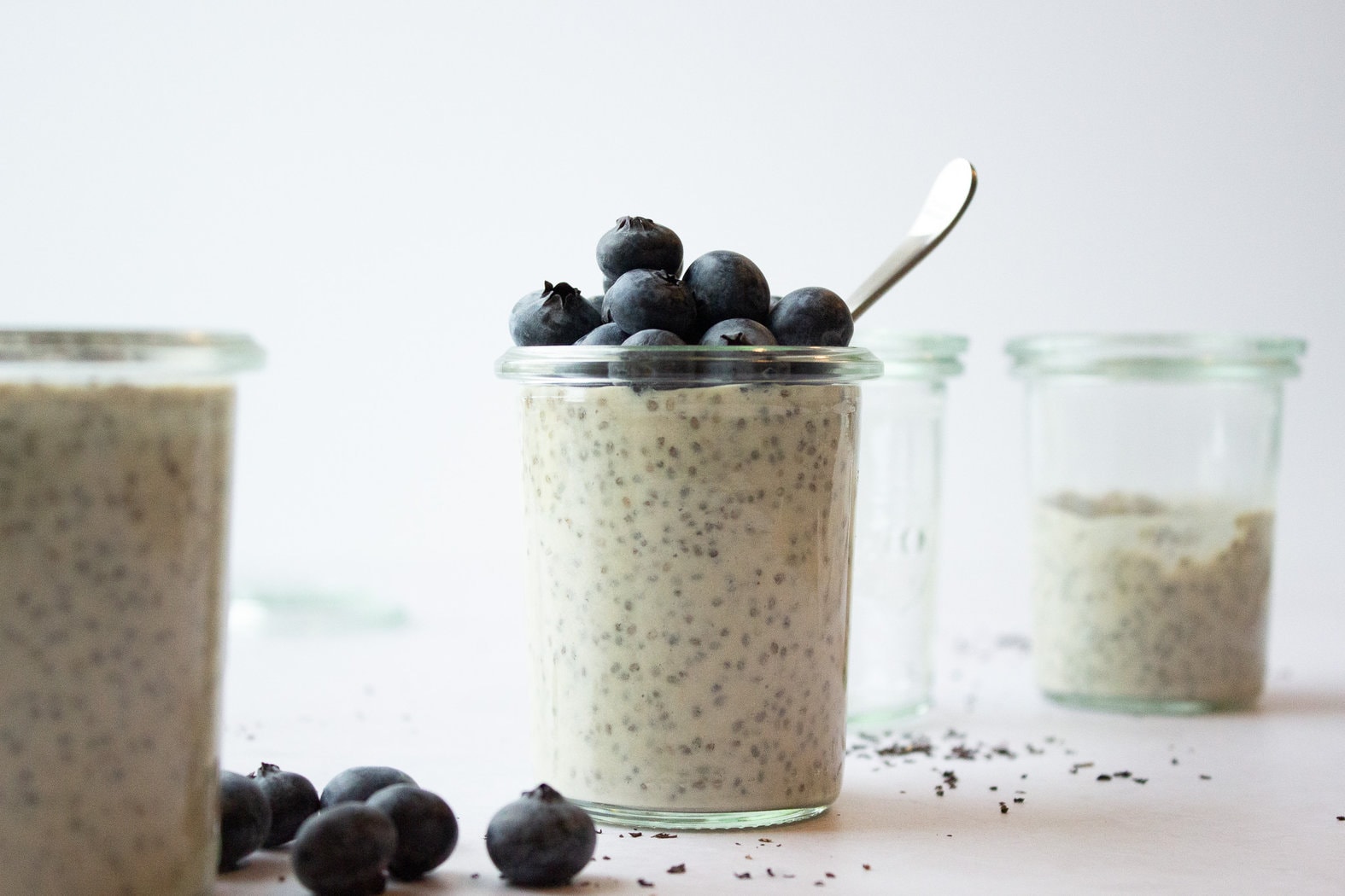 Jar of chia pudding stack with blueberries 