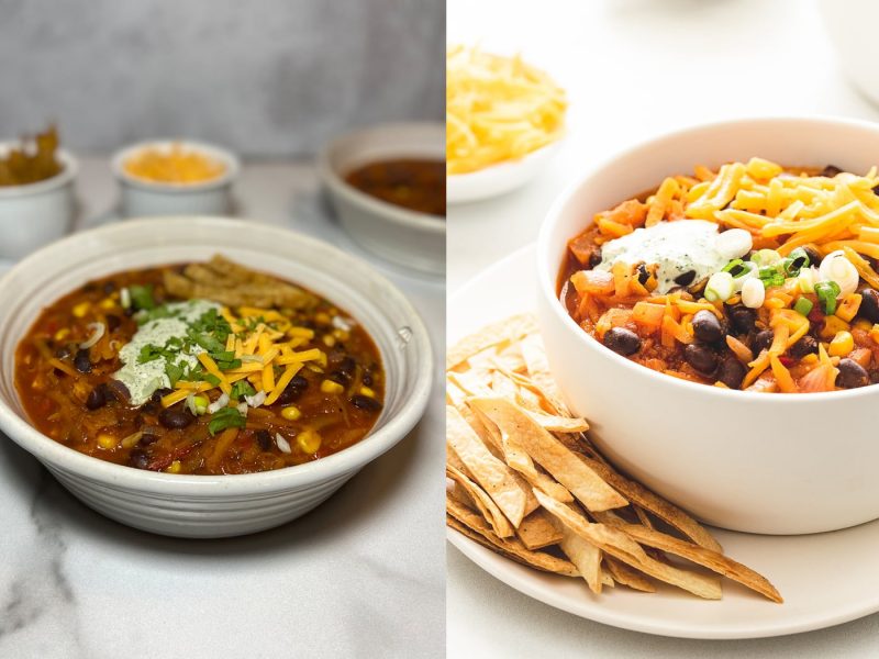 Two side by side photos of bowls of chili