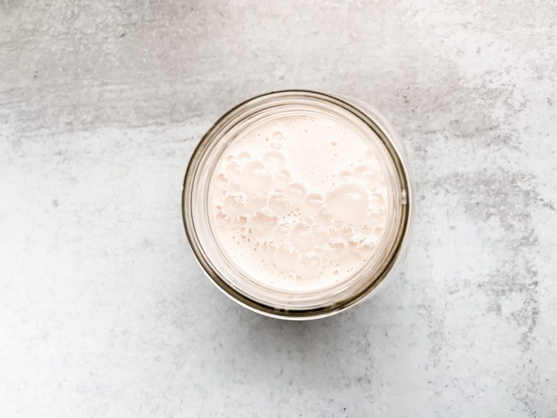 Top down view of canning jar filled with coconut horchata