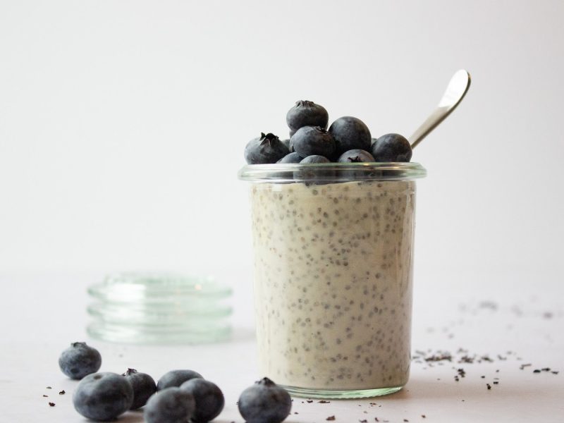 One jar chia pudding topped with blueberries
