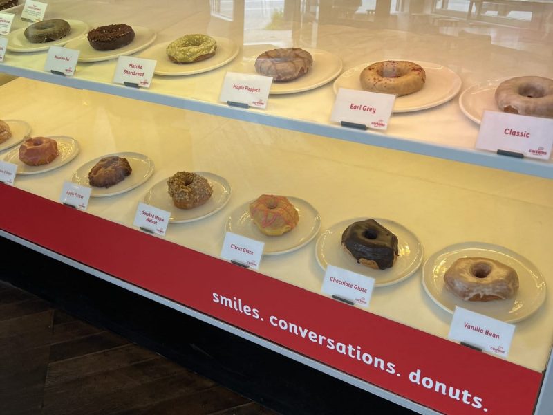 Glass display case filled with donuts