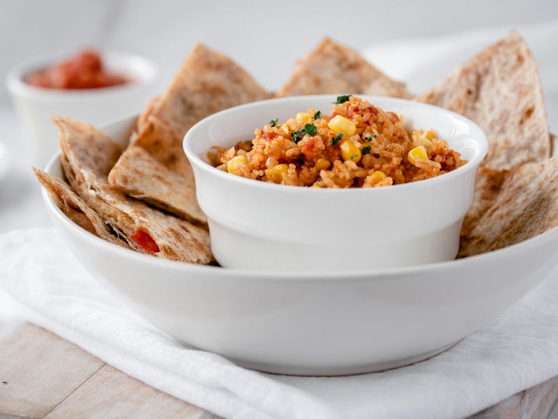 Bowl with rice and quesadillas