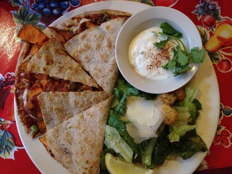 Top down view of quesadillas on a plate