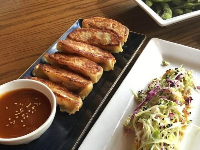 Gyoza and rice cakes on rectangular plates