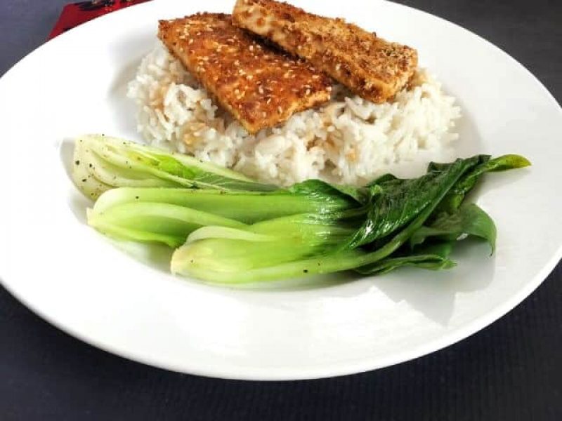 Hello Fresh Sesame Crusted Tofu with Spicy Peanut Sauce and Garlic Bok Choy