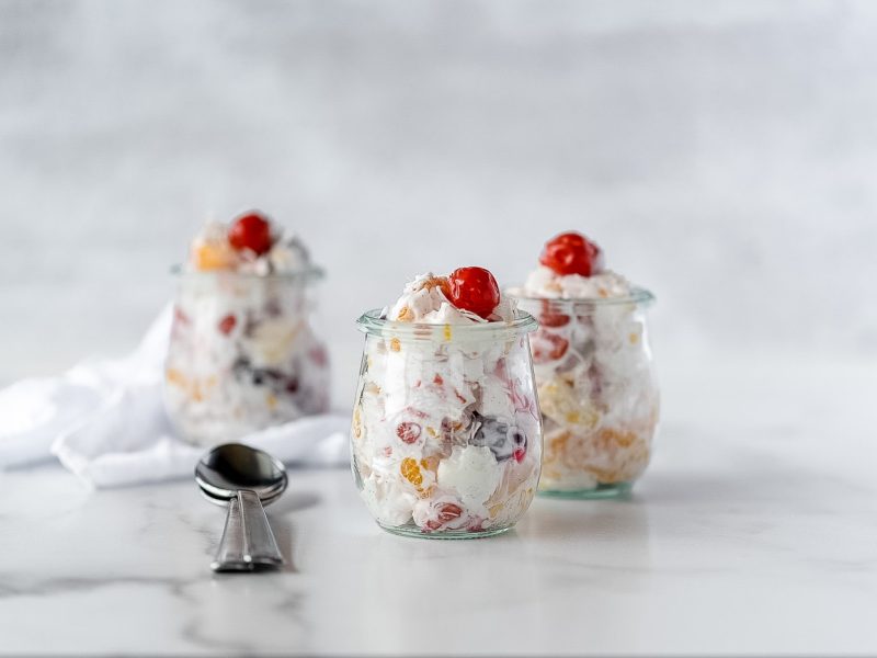 Three small jars of ambrosia salad